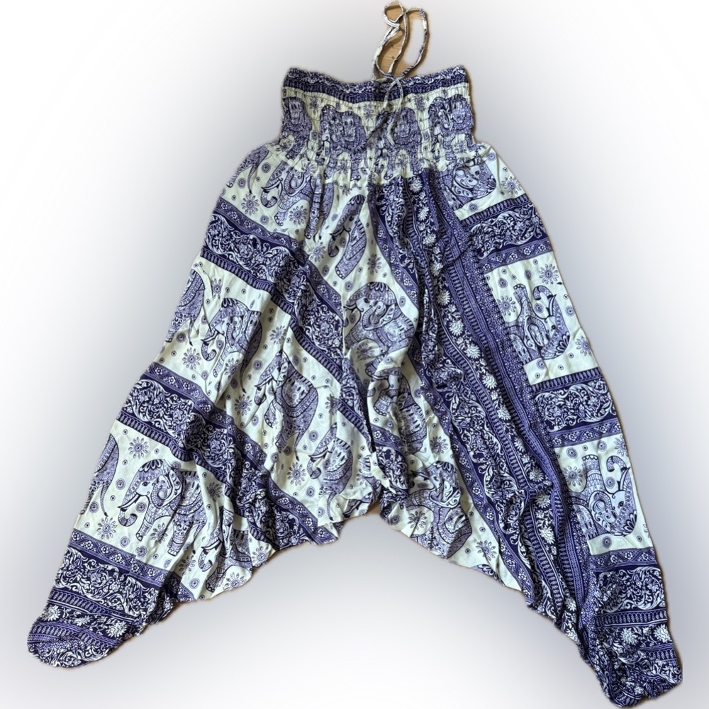Elephant Print Wide Leg Pants in Purple and Cream